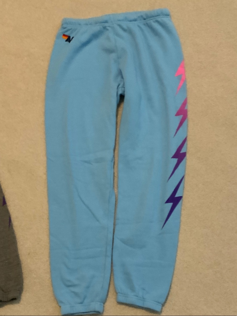 Aviator Nation Light Blue Sweatpants with Pink & Purple Lightning